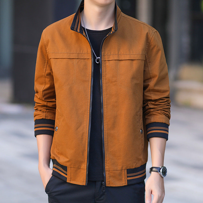 Herren moderner Canvas-Bomberjacke im Worker‑Stil mit gestreiften Rippbündchen und Reißverschluss Shop Nory