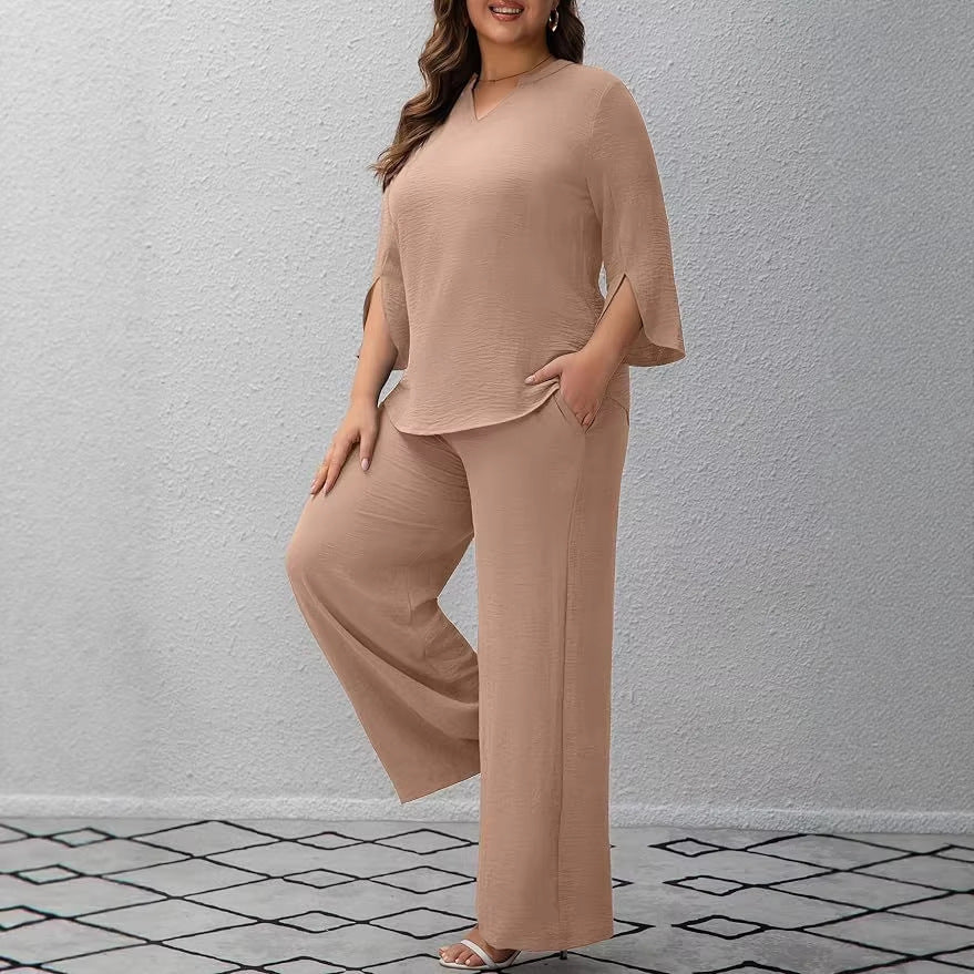 Damen Elegantes Zweiteiliges Palazzo-Set mit V‑Ausschnitt und geschlitzten 3/4‑Ärmeln Shop Nory