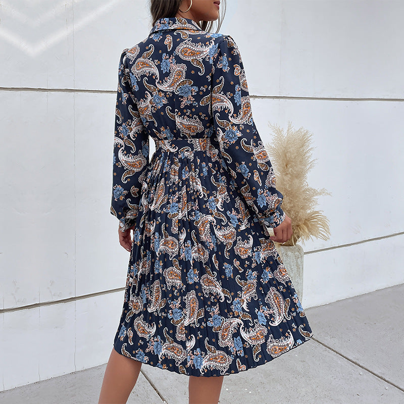 Damen Paisley-Midikleid mit Hemdkragen, Taillengürtel und Plissée-Rock Shop Nory