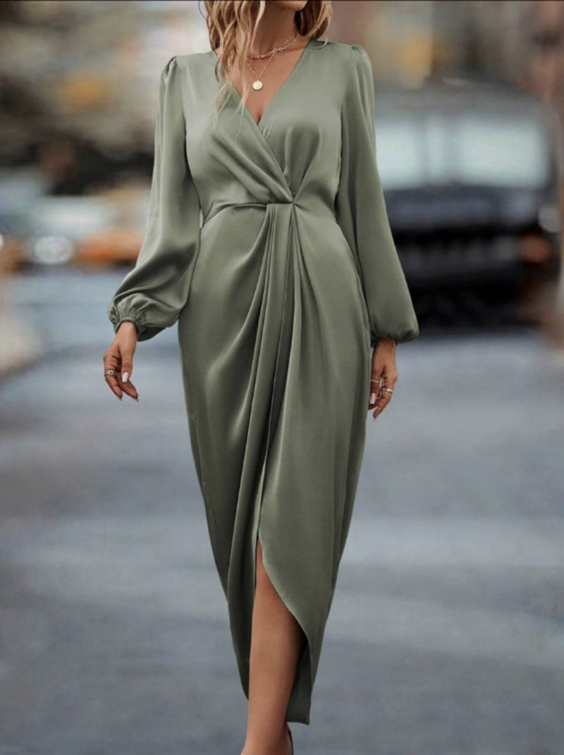 Damen nan tailliertes Drapé-Midikleid mit V-Ausschnitt Raffung Ballonärmeln und seitlichem Wickelschlitz