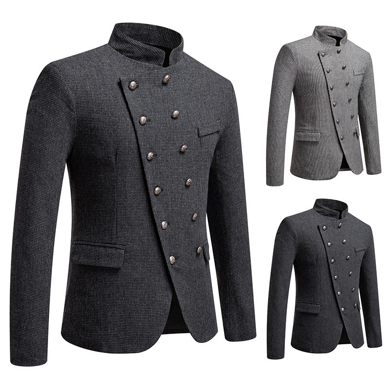 Herren modisches Military-Sakko mit Stehkragen, dekorativer Knopfreihe und feiner Struktur Shop Nory