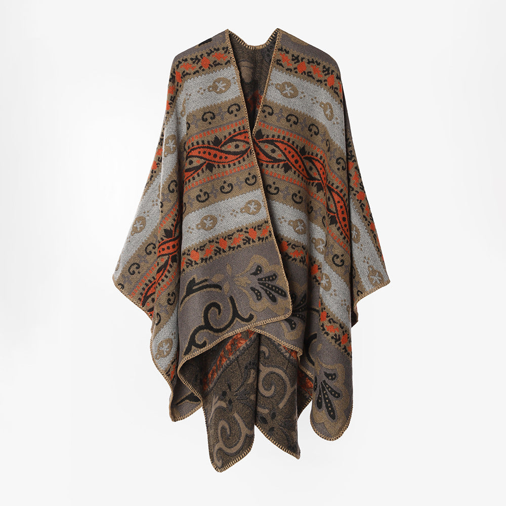 Damen Gewebter Ornament-Poncho im Rechteckschnitt mit feiner Kettelung Shop Nory