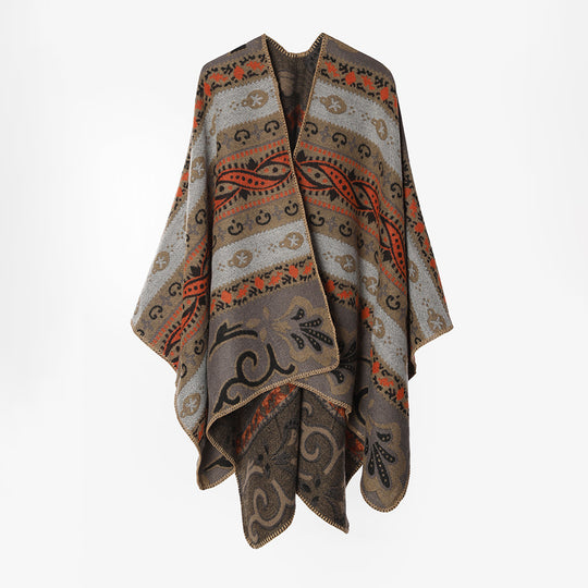 Damen Gewebter Ornament-Poncho im Rechteckschnitt mit feiner Kettelung Shop Nory