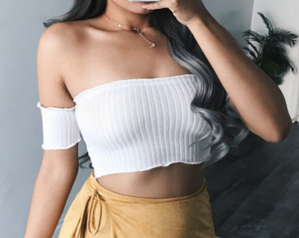 Damen Off-Shoulder Crop-Top aus Rippenstrick Shopnory
