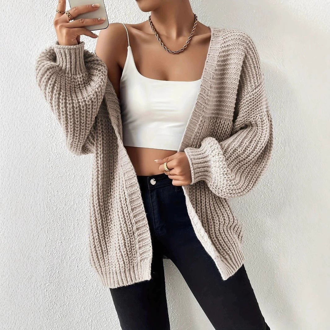 Damen nan Oversize-Strickcardigan mit grobem Waffelstrick, offener Front und voluminösen Ballonärmeln Shop Nory