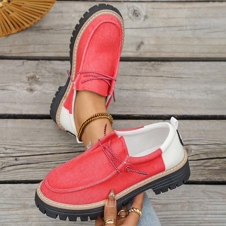 Damen Modische Slipper-Loafer mit grober Profilsohle, Canvas-Obermaterial und dekorativer Kordel Shop Nory