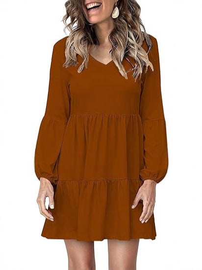 Damen Stufiges Mini-Kleid mit V-Ausschnitt und Ballonärmeln Shop Nory