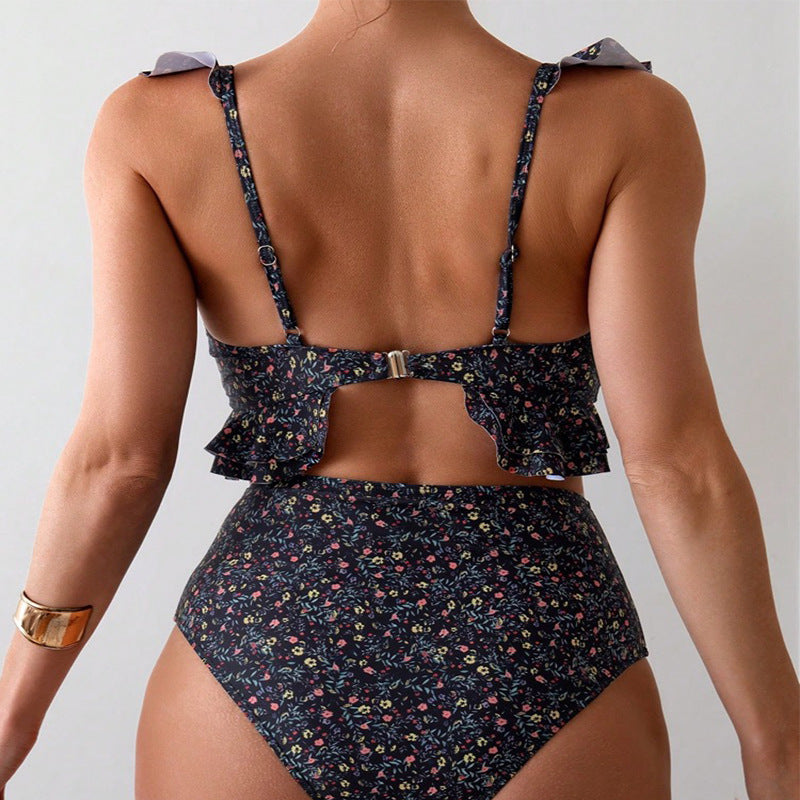 Damen Hochgeschnittener Bikini mit floralem Rüschendesign