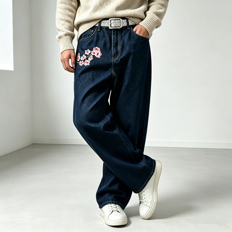 Herren Modische Weit geschnittene Denim-Hose mit Blumenstickerei Shop Nory