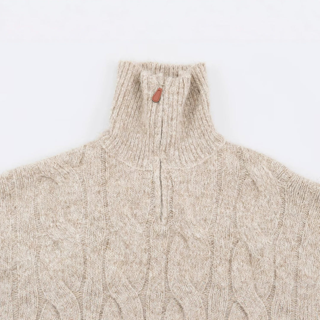 Damen Grobgestrickter Longpullover mit Zopfmuster und halbhohem Reißverschlusskragen Shop Nory