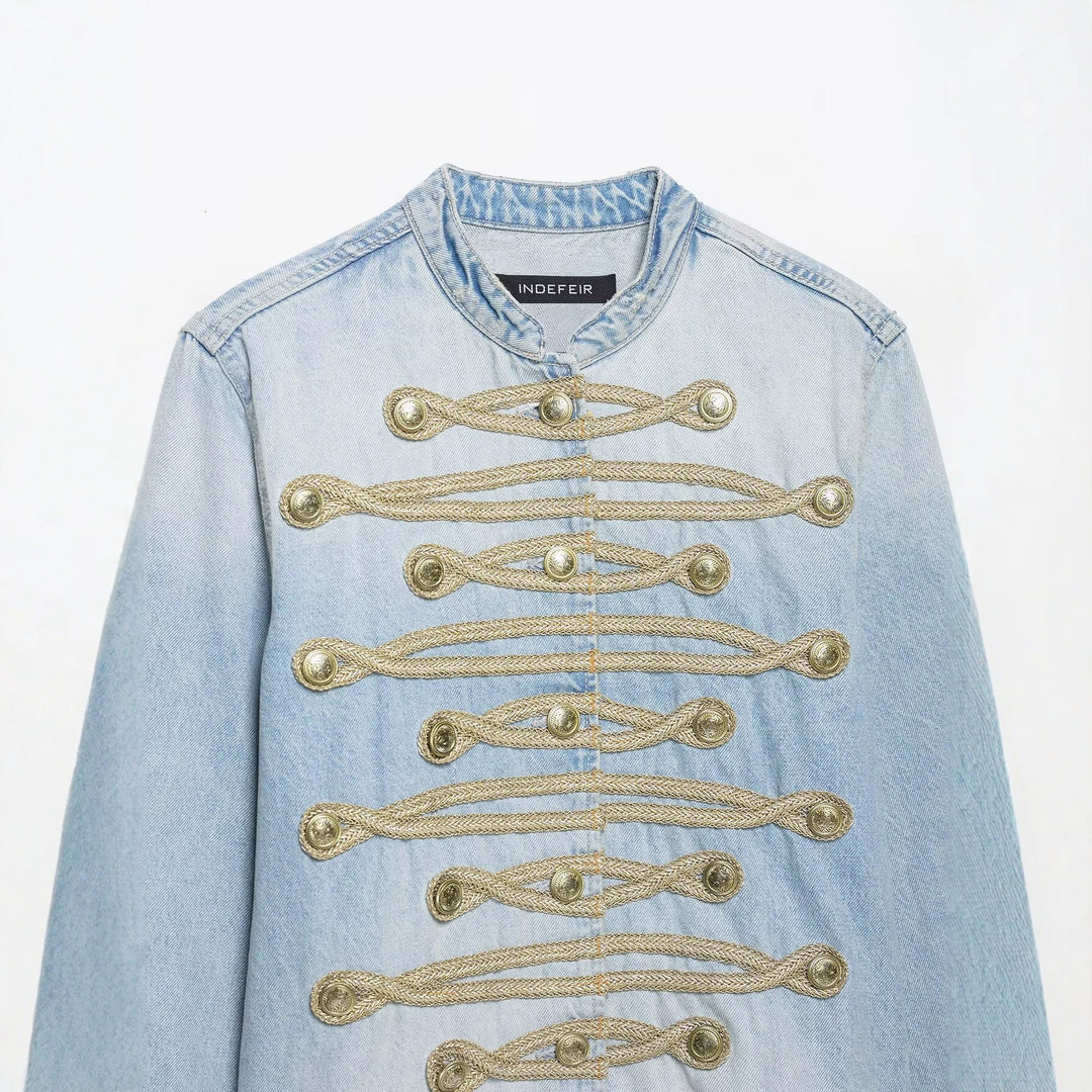 Damen kurze Jeansjacke im Militärstil mit Kordelapplikation und Mandarinkragen Shop Nory