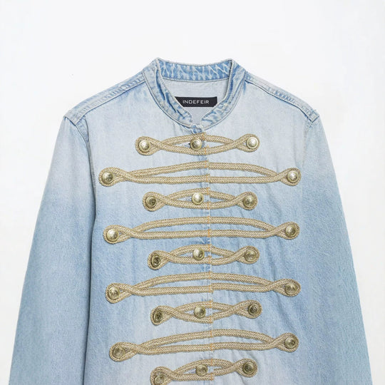 Damen kurze Jeansjacke im Militärstil mit Kordelapplikation und Mandarinkragen Shop Nory