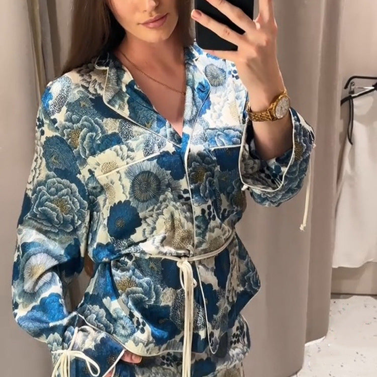 Damen Zweiteiliges florales Jacquard-Loungewear-Set mit Taillengürtel, Paspelierung und Bindärmeln Shop Nory