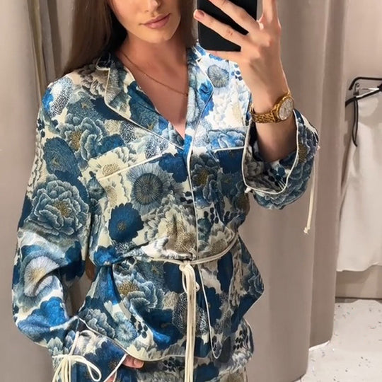 Damen Zweiteiliges florales Jacquard-Loungewear-Set mit Taillengürtel, Paspelierung und Bindärmeln Shop Nory