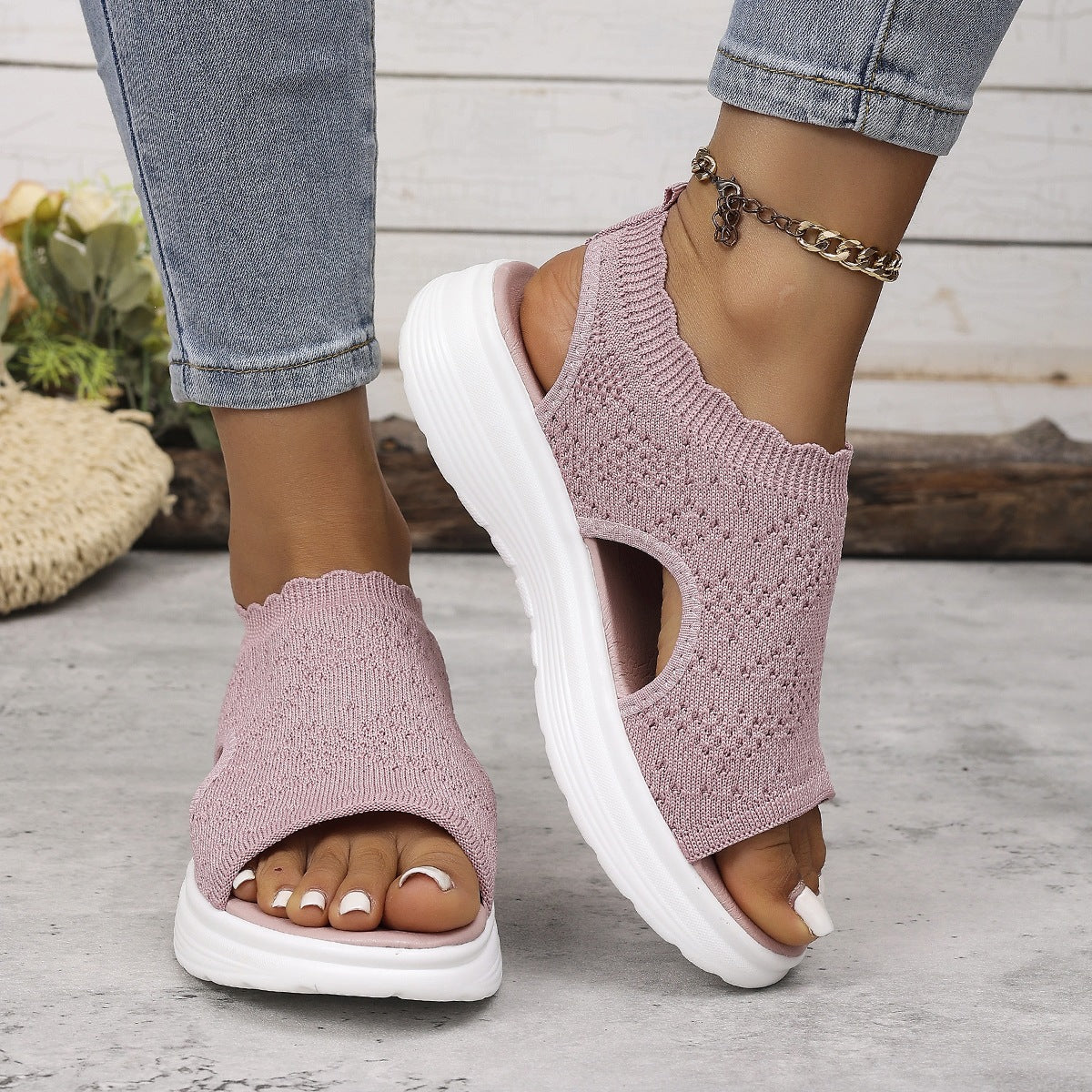 Damen Bequeme Plateau-Sandalen mit elastischem Obermaterial und atmungsaktiver Sohle Shopnory