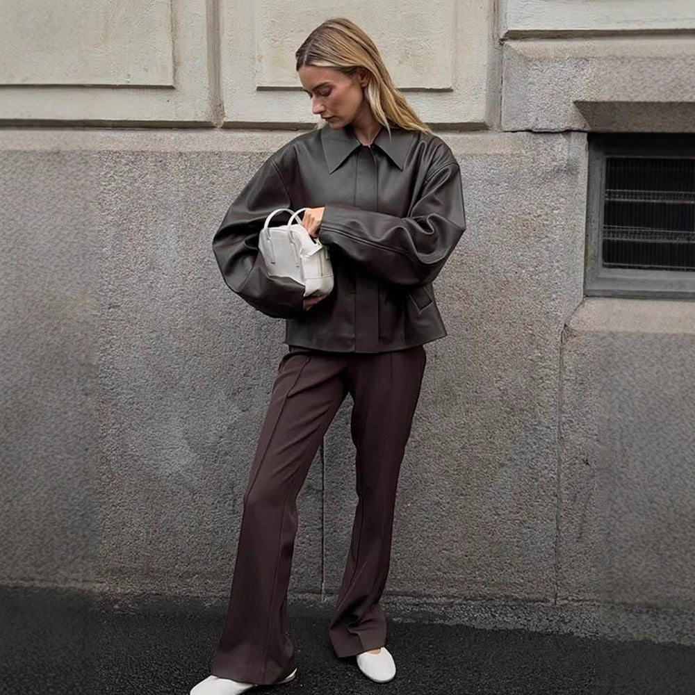Damen Cropped Boxy Jacke aus Lederimitat mit übergroßem Kragen und verdeckter Reißverschlussleiste Shop Nory