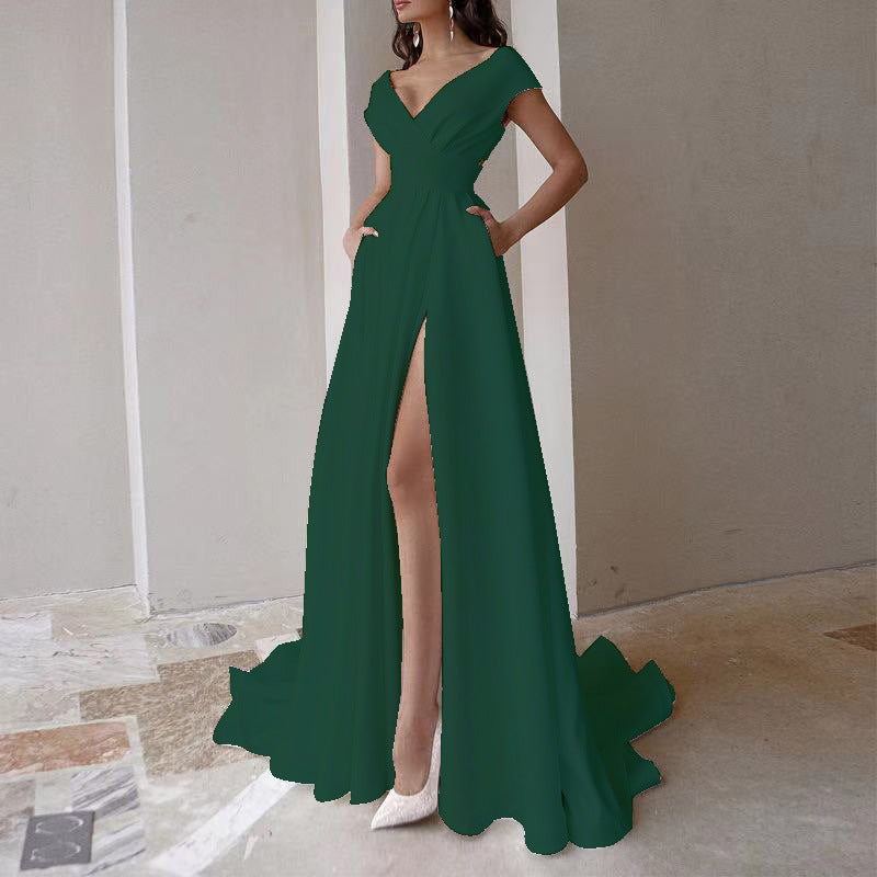 Damen elegantes Maxikleid mit tiefem V-Ausschnitt und seitlichem Schlitz