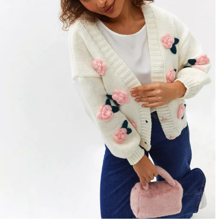 Damen Geblümter Strick-Cardigan mit 3D-Blumenapplikationen und V-Ausschnitt Shop Nory