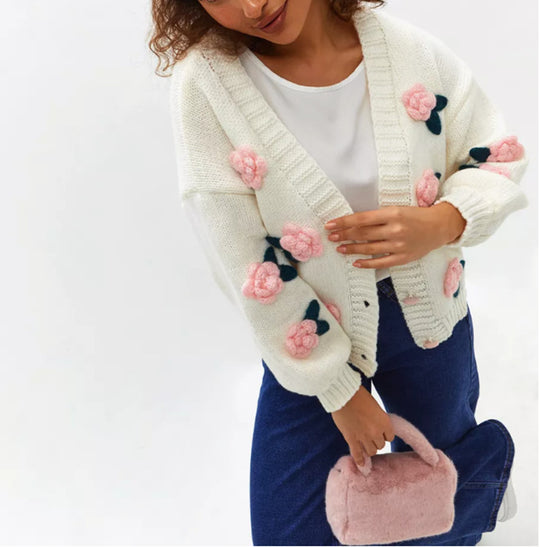 Damen Geblümter Strick-Cardigan mit 3D-Blumenapplikationen und V-Ausschnitt Shop Nory