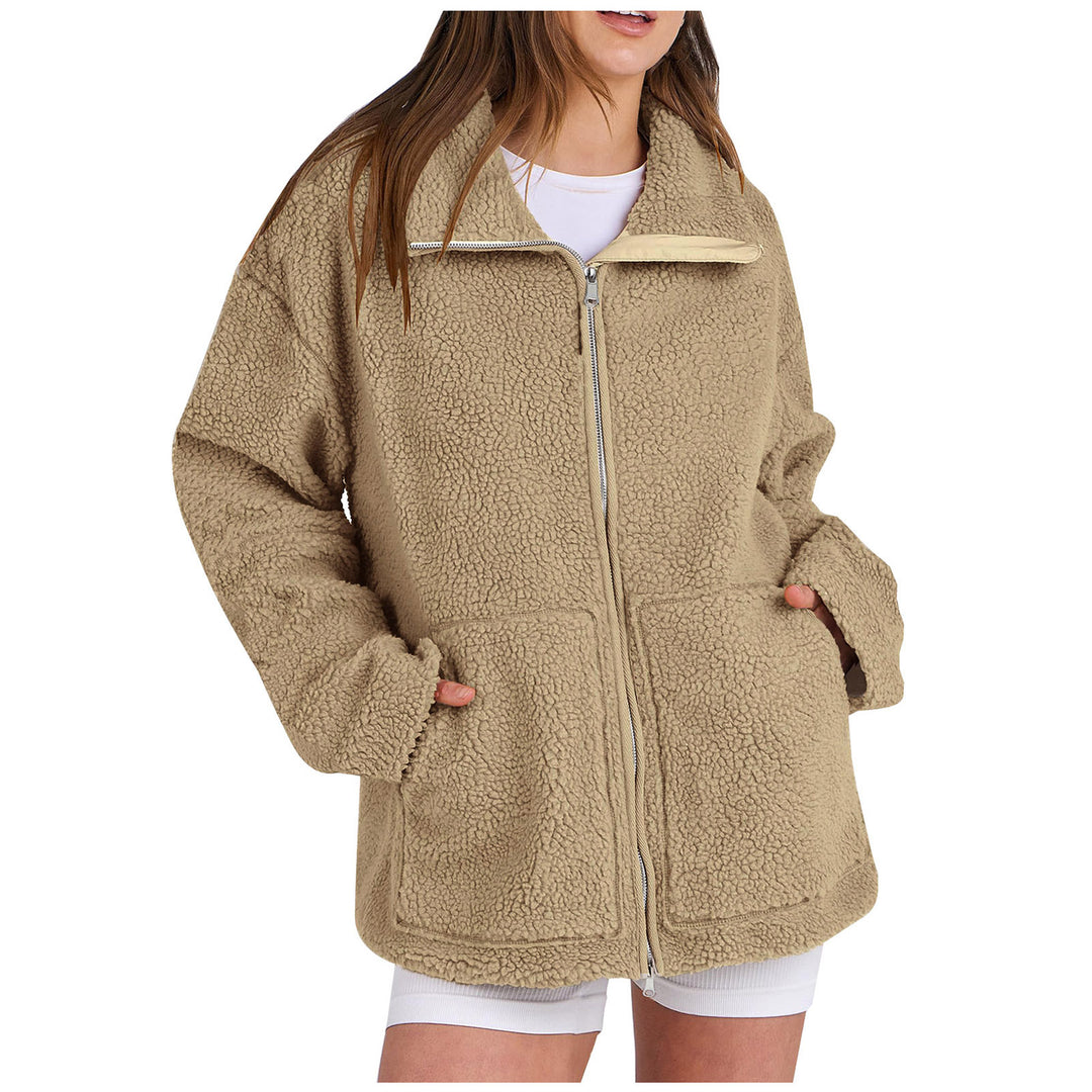 Damen nan oversized Teddyfelljacke mit Stehkragen Reißverschluss und aufgesetzten Taschen Shop Nory
