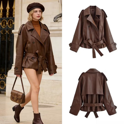 Damen kurze Kunstleder-Trenchjacke mit Taillengürtel und Schulterpatten Shop Nory