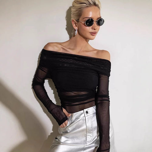 Damen Off-Shoulder Langarmshirt aus leicht transparentem Stoff mit raffiniertem Drapierungseffekt
