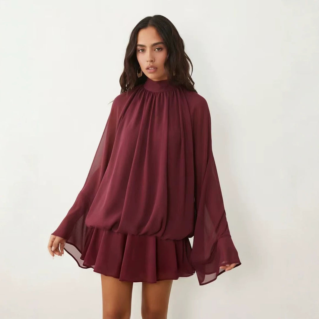 Damen Chiffon-Minikleid mit geraffter Blusentunika, Stehkragen und Volantrock Shop Nory