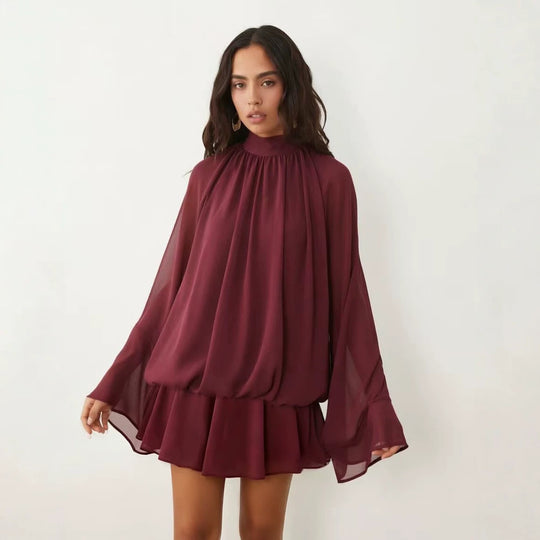 Damen Chiffon-Minikleid mit geraffter Blusentunika, Stehkragen und Volantrock Shop Nory