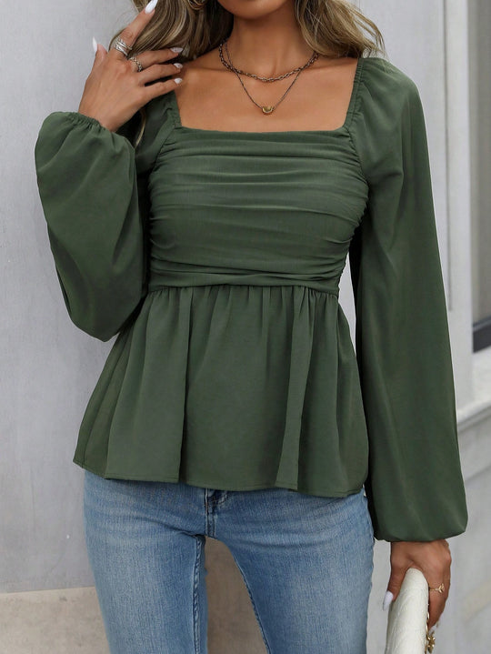 Damen geraffte Schößchenbluse mit quadratischem Ausschnitt und Ballonärmeln Shop Nory