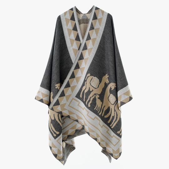 Damen Wolloptik-Poncho im Überwurfstil mit grafischem Reiter-Jacquard Shop Nory