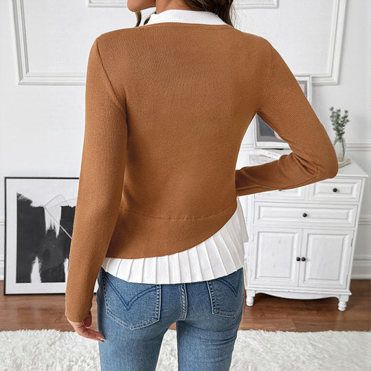 Damen Figurbetonter Strickpullover mit asymmetrischer Knopfleiste und Plissee-Layer Shop Nory