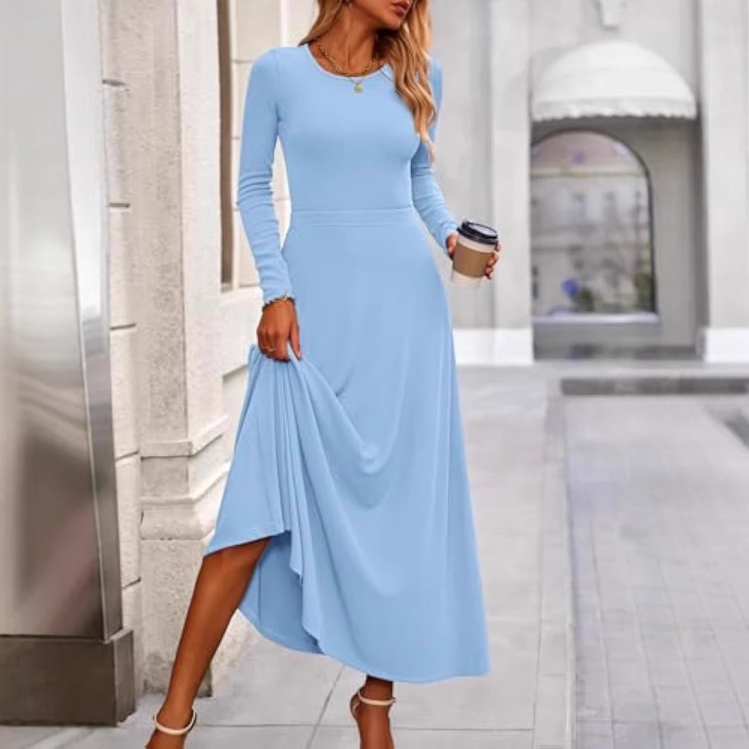 Damen Langärmeliges Maxikleid mit tailliertem Oberteil und fließendem A-Linien-Rock Shop Nory