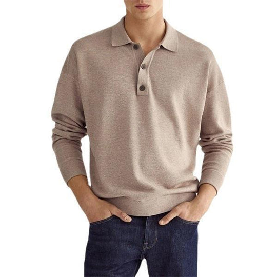 Herren Feinstrick-Polo-Sweater mit langen Ärmeln, gerippten Bündchen und subtiler Knopfleiste EB