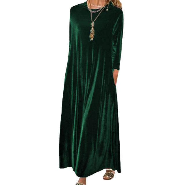 Damen Langes samtiges Maxikleid mit Rundhalsausschnitt, halblangen Ärmeln und seitlichen Taschen Shop Nory