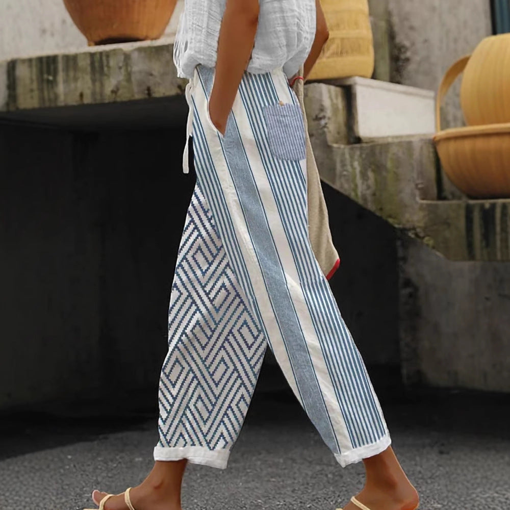Damen Weite Leinenhose mit handgewShopnorytem Muster