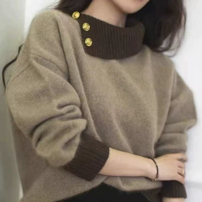 Damen Kurzgeschnitteter Pullover mit asymmetrischem Knopf‑Mockneck und Ballonärmeln Shop Nory