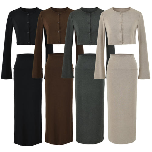 Damen Kurzgeschnittenes Set aus Feinstrick mit Knopfcardigan und figurbetontem Maxirock Shop Nory
