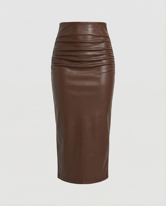 Damen Midi-Rock aus hochwertigem Leder mit Raffung
