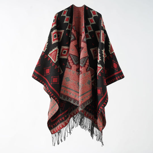Damen Weichfallender Jacquard-Umhang im Ruana-Stil mit Fransen Shop Nory