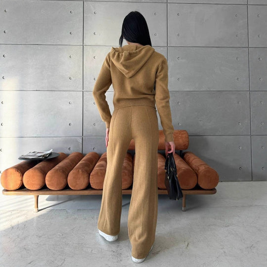 Damen Feinstrick-Loungewear-Set mit taillierter Kapuzenzipjacke und weiter Palazzo-Hose Shop Nory
