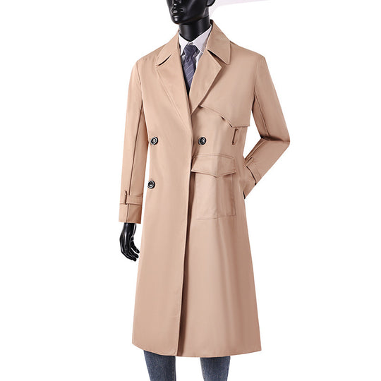Herren Langmantel im Trenchcoat-Stil mit Sturmklappe, asymmetrischen Taschen und klassischem Revers Shop Nory