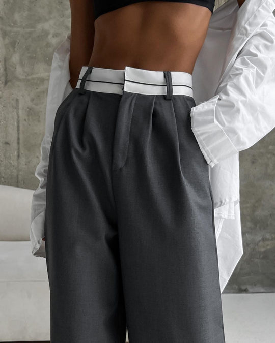 Damen Hochtaillierte weite Bundfaltenhose mit Kontrastbund Shop Nory