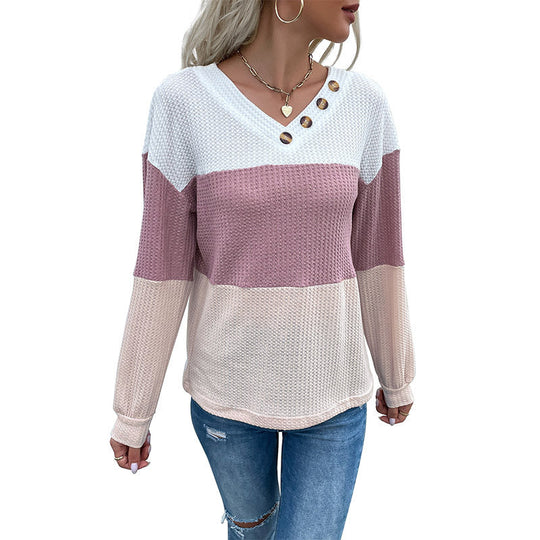 Damen Garnstruktur-Colorblock-Pullover mit V‑Ausschnitt und Zierknopfleiste Shop Nory