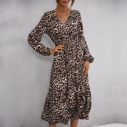 Damen Midikleid im Leo-Print mit V‑Ausschnitt, Knopfleiste, Kordeltaillen und Stufenrock Shop Nory