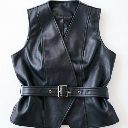 Damen taillierte ärmellose Lederweste mit Gürtel und V-Ausschnitt Shop Nory