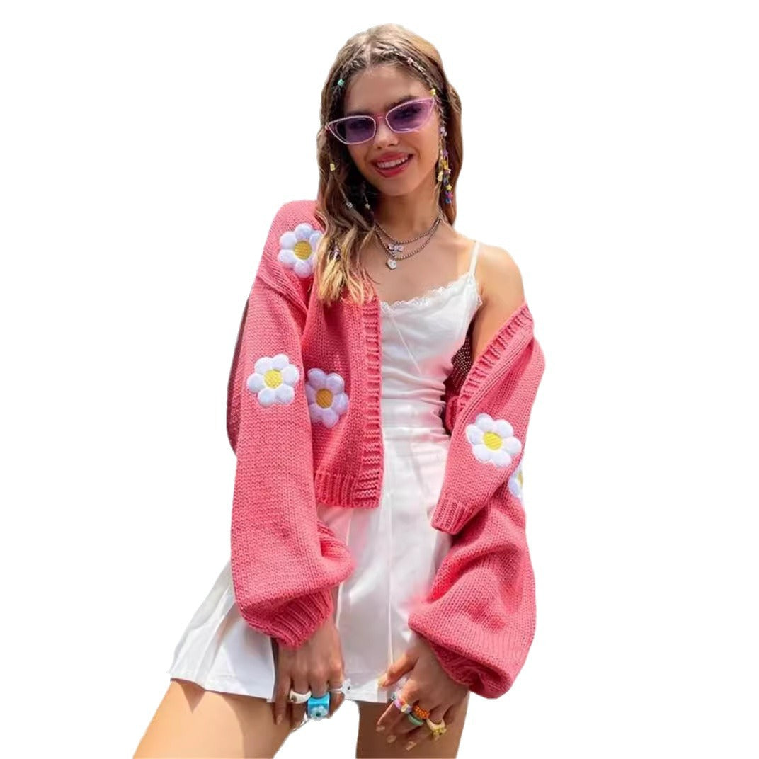 Damen Strickjacke mit floralen Applikationen