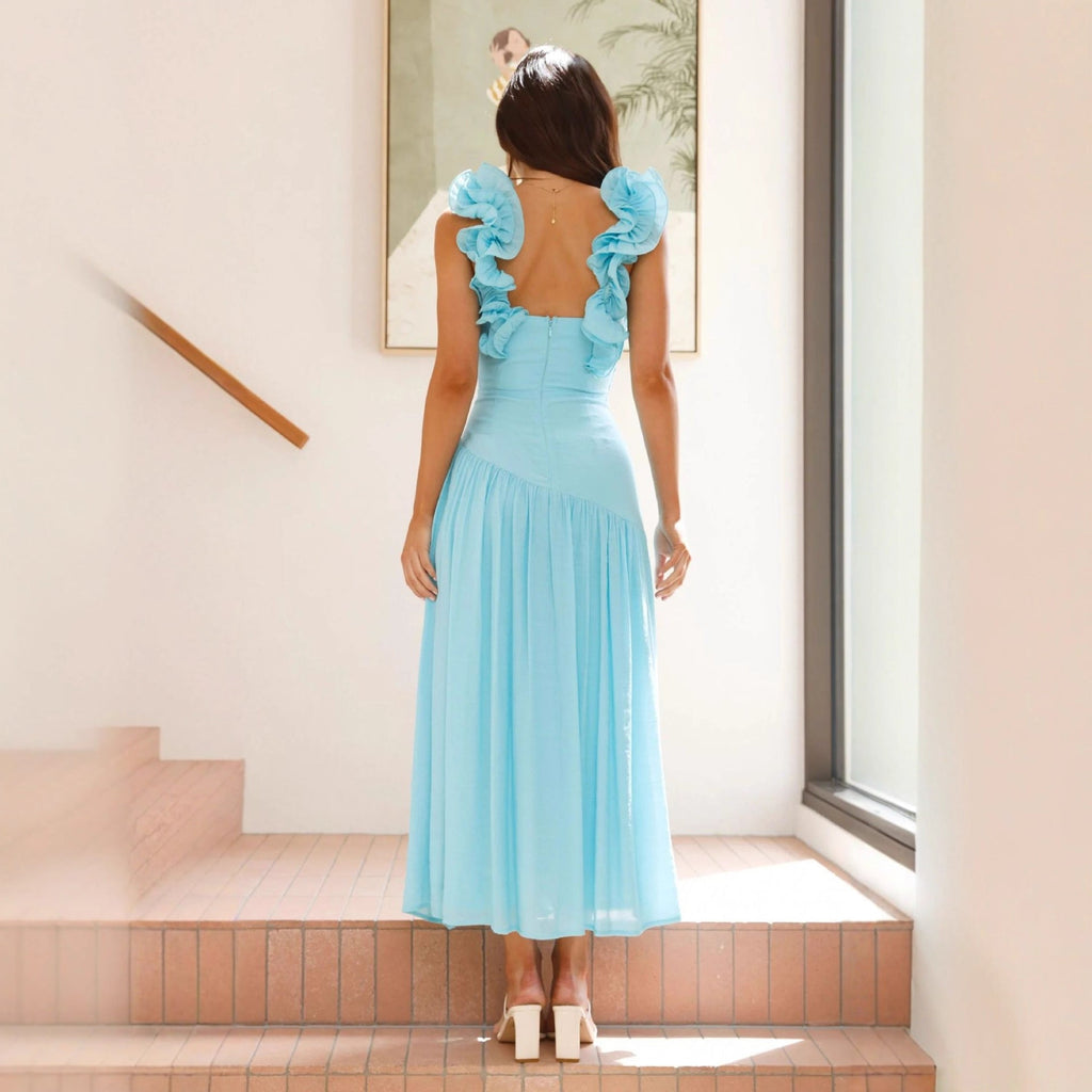 Damen Maxikleid mit eleganten Rüschen und figurbetontem Schnitt