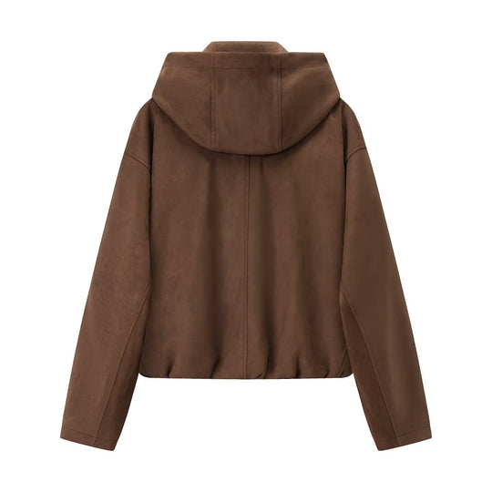 Damen Kurzjacke im Veloursleder‑Look mit Kapuze, Tunnelzug und Reißverschluss Shop Nory