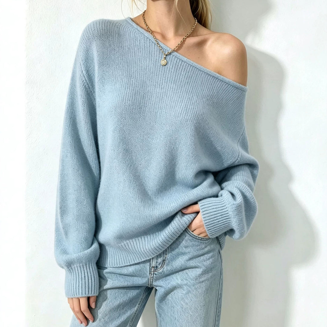 Damen Oversize Off-Shoulder Feinstrickpullover mit gerippten Bündchen Shop Nory