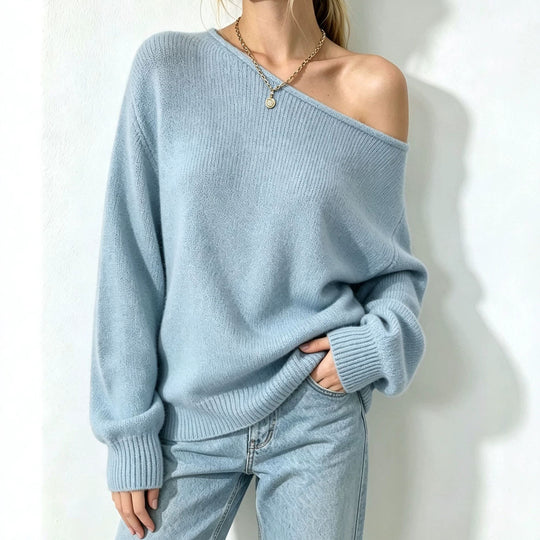 Damen Oversize Off-Shoulder Feinstrickpullover mit gerippten Bündchen Shop Nory